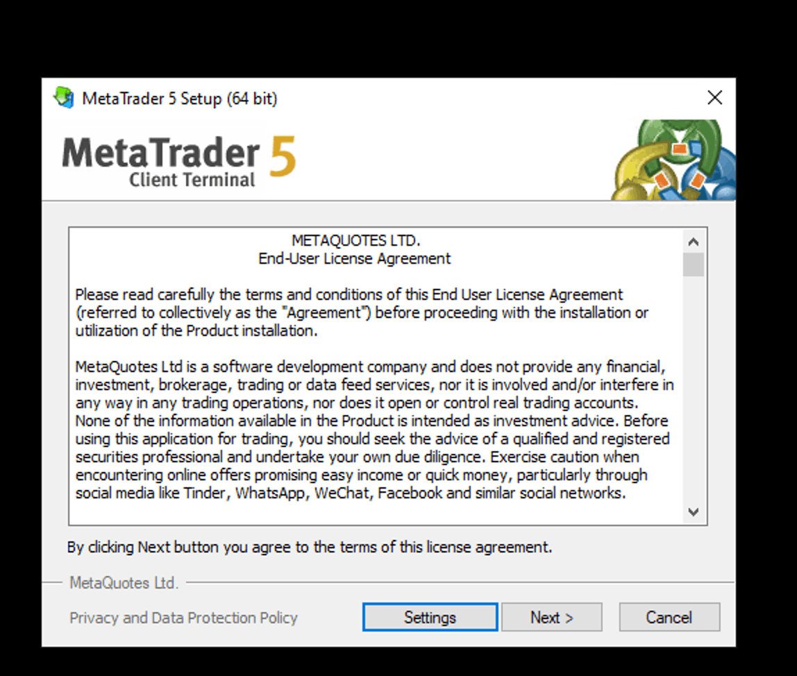 MetaTrader 5 installer screen showing the Settings option