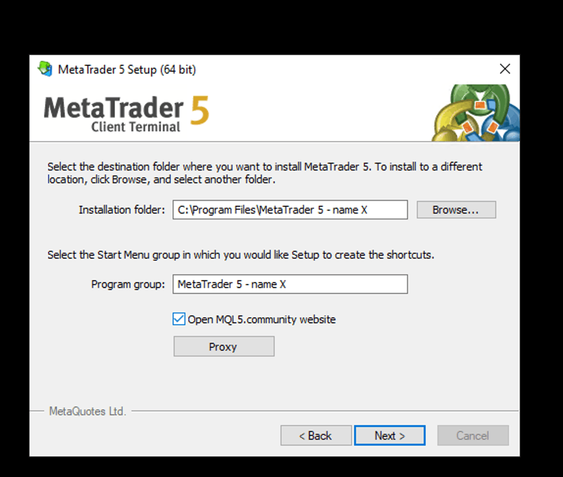 MetaTrader 5 installation name settings