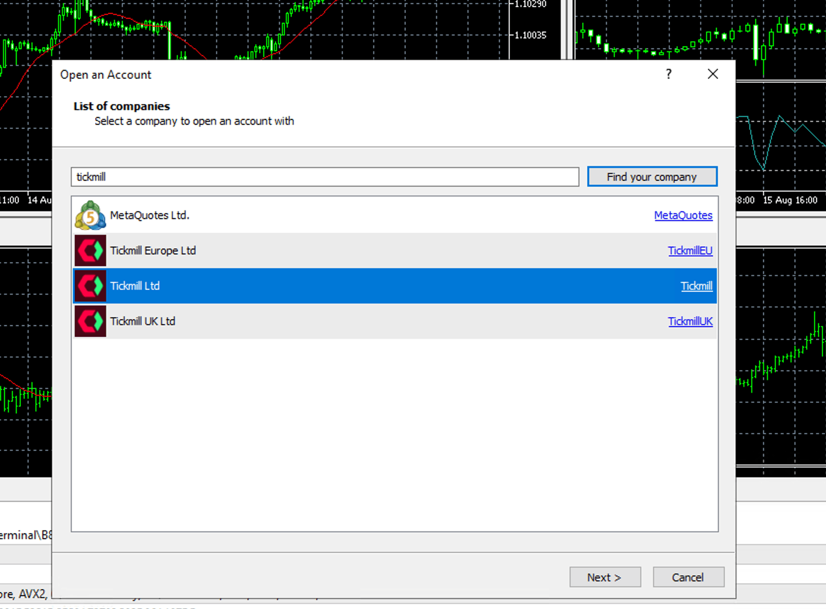 Broker search and server selection in MetaTrader 5